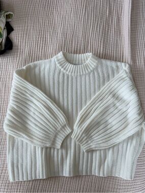 Princess Polly Cream Ribbed Balloon-Sleeve Crew Sweater